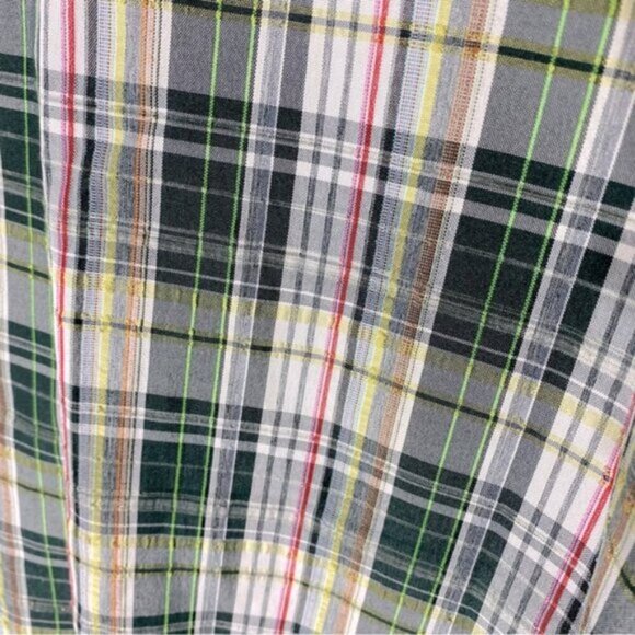 Jones New York Green Wht Plaid Short Sleeve Elastic Hem Snap Front Golf Shirt XL - Picture 12 of 14